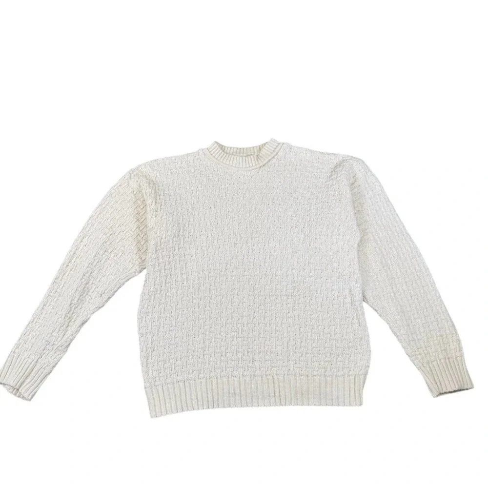 Puritan Mens Cream Basketweave Knit Crewneck Sweater Off White L